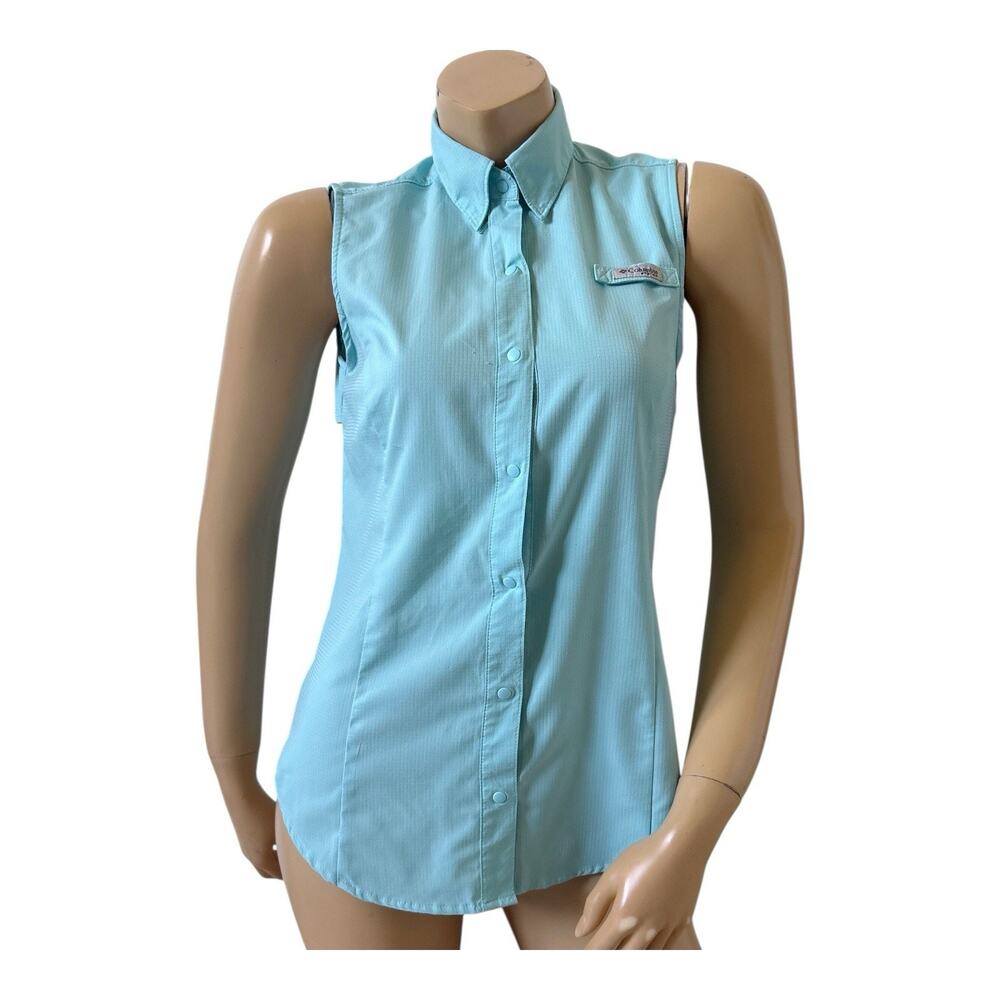 Columbia PFG Snap Front Shirt Womens XS Blue Sleeveless Fishing Vent Mesh Collar